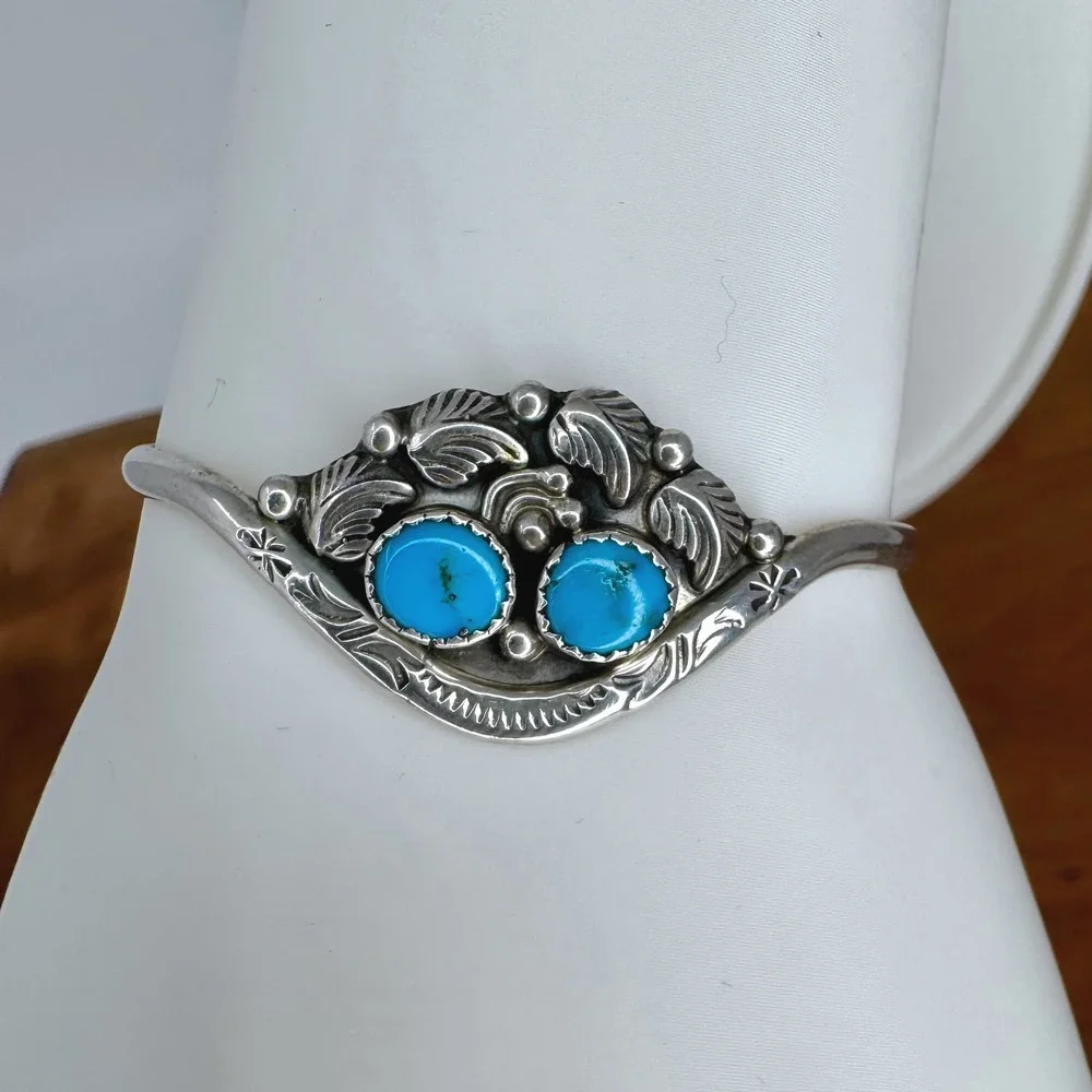 Sterling and Turquoise Cuff Bracelet Southwestern Navajo Jerry Cowboy Style